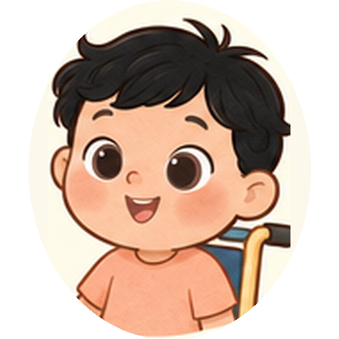 Davi, menino de cabelo preto em sua cadeira de rodas, sorrindo animado
