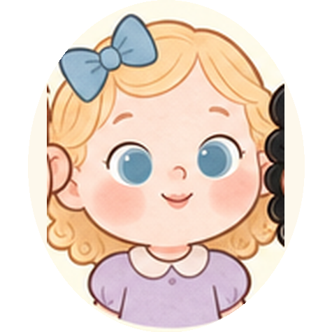 Manu, menina loirinha de laço azul e blusa lilás, sorrindo